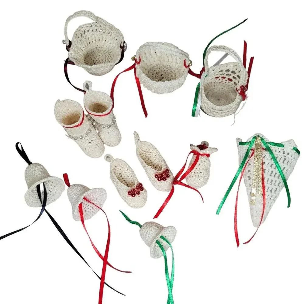 Vintage Crochet Christmas Ornaments Handmade Boho Bells Baskets Booties Slippers
